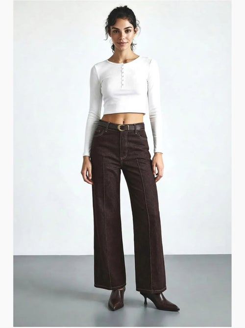 Pantalones vaqueros de tiro alto y pernera ancha con cinturón lucci - Kiabi Pantalones vaqueros de tiro alto y pernera ancha con cinturón lucci - Kiabi