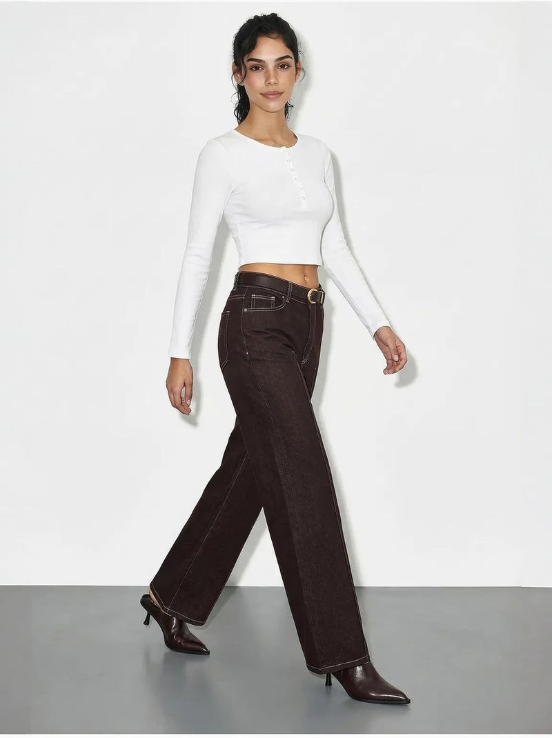 Pantalones vaqueros de tiro alto y pernera ancha con cinturón lucci Marrón oscuro - Kiabi