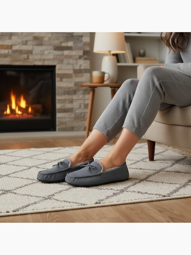 Pantuflas mujer cerradas ozabi ante liso con lazo forro polar Gris - Kiabi