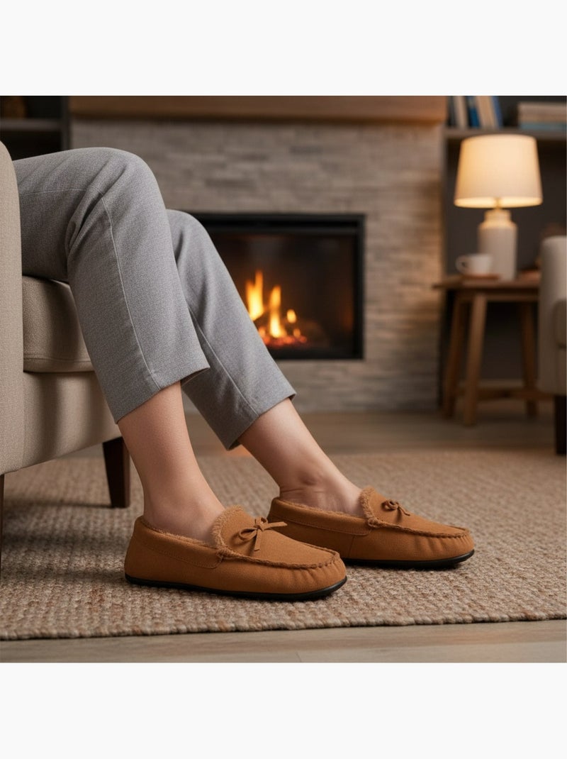 Pantuflas mujer cerradas ozabi ante liso con lazo forro polar Marrón - Kiabi
