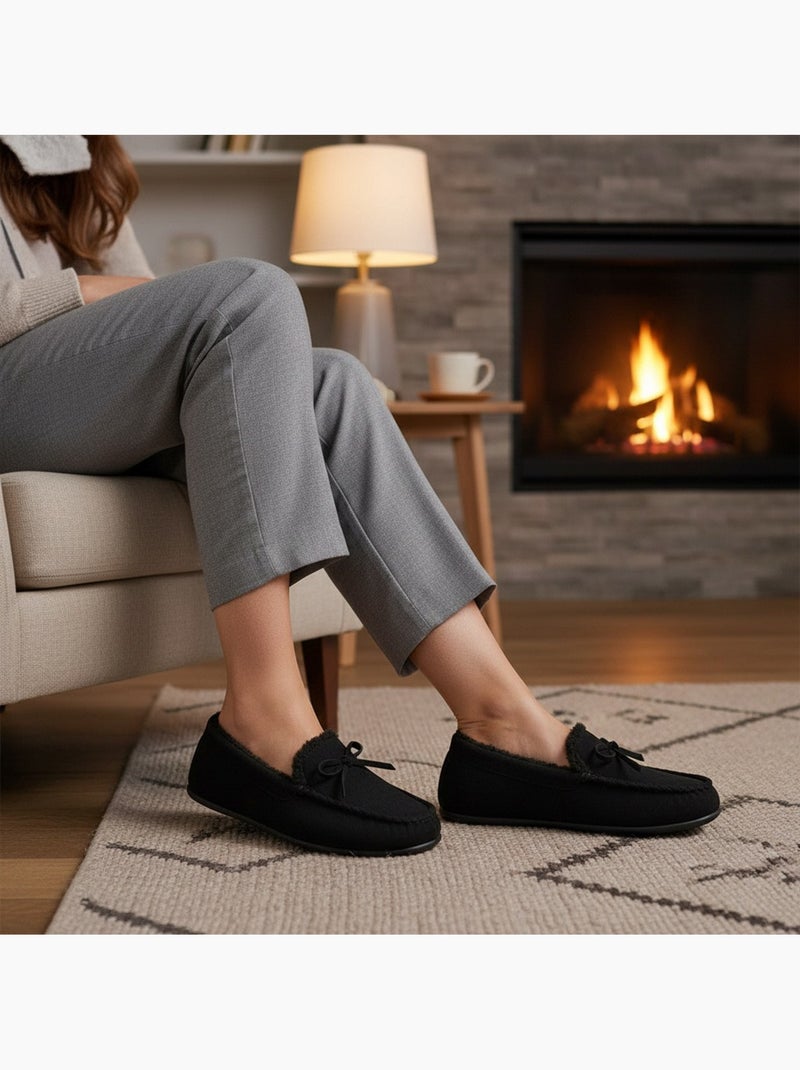Pantuflas mujer cerradas ozabi ante liso con lazo forro polar Negro - Kiabi