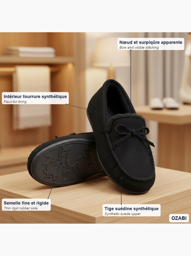 Pantuflas mujer cerradas ozabi ante liso con lazo forro polar Negro - Kiabi