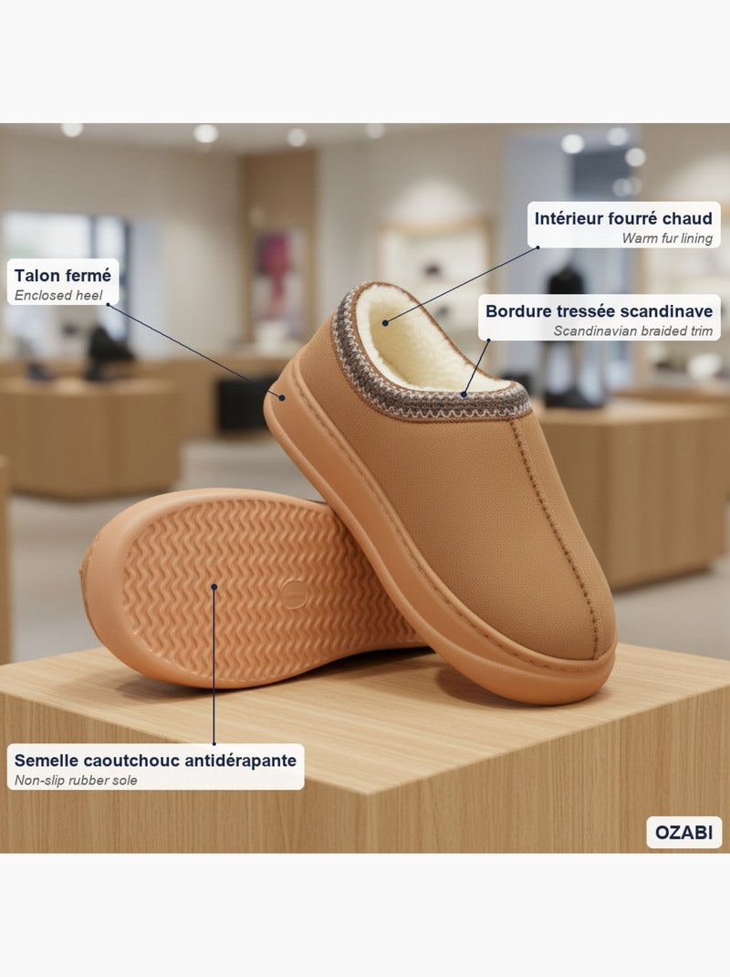 Pantuflas mujer estilo escandinavo ozabi tacón cerrado forro Marrón - Kiabi