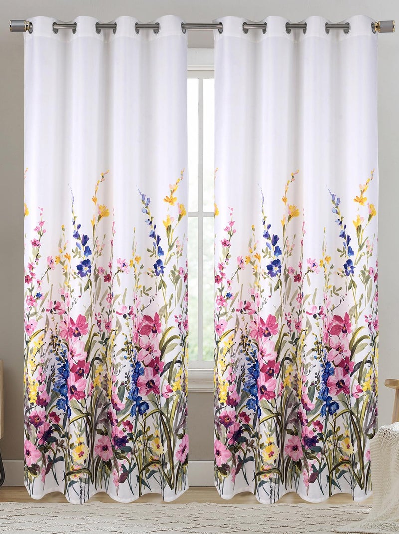 Par de Cortinas con Ojales y Motivo Floral Multicolor Blanco - Kiabi