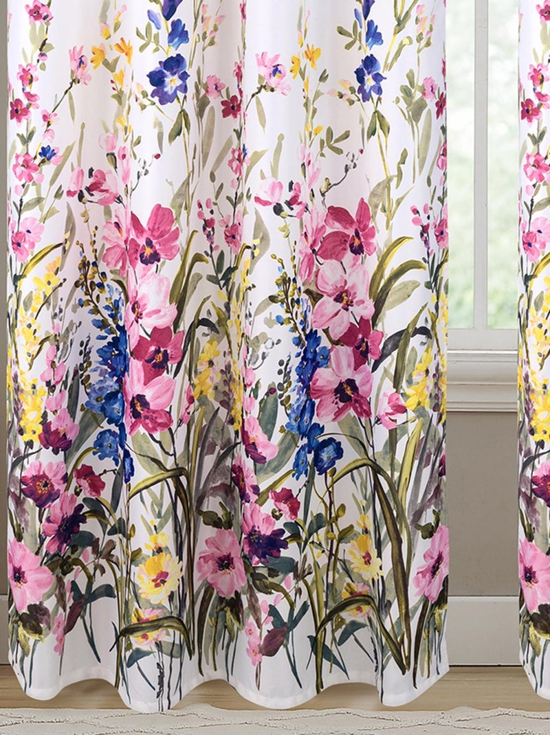 Par de Cortinas con Ojales y Motivo Floral Multicolor Blanco - Kiabi