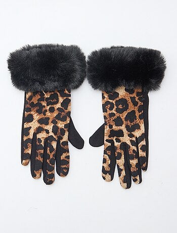 Par de guantes leopardo efecto peluche 8x25 cm