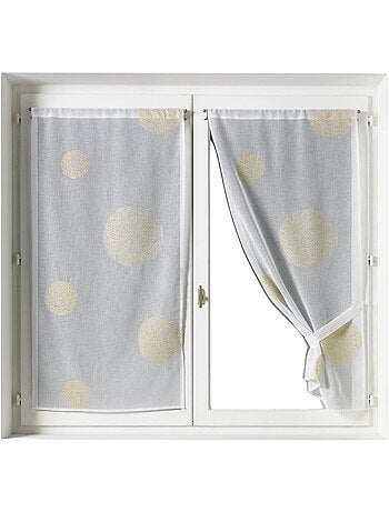 Par de pequeñas cortinas transparentes bordadas con grandes círculos de hilo de lurex