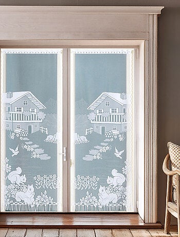 Par de visillos con flecos de encaje con diseño de chalet y animales