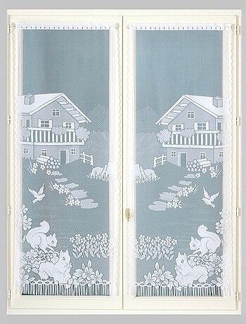 Par de visillos con flecos de encaje con diseño de chalet y animales