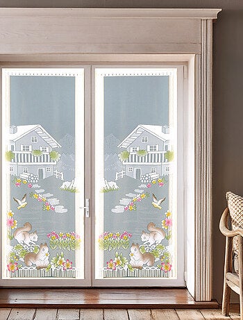 Par de visillos con flecos de encaje con diseño de chalet y animales