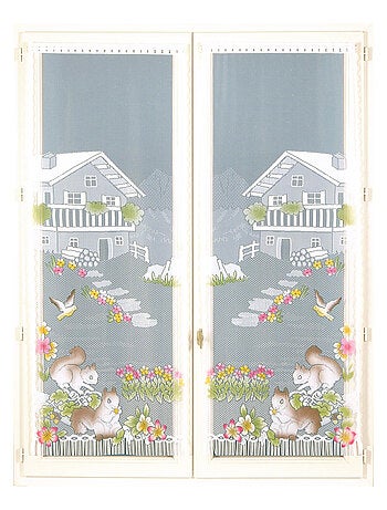 Par de visillos con flecos de encaje con diseño de chalet y animales
