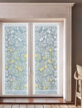 Par de visillos con flecos de encaje con motivo de hojas y frutas