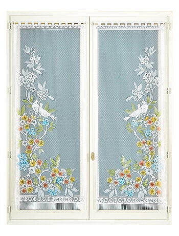 Par de visillos con flecos de encaje con pájaros y flores