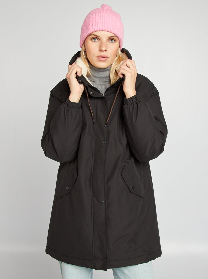 Parka con capucha de borreguito negro - Kiabi