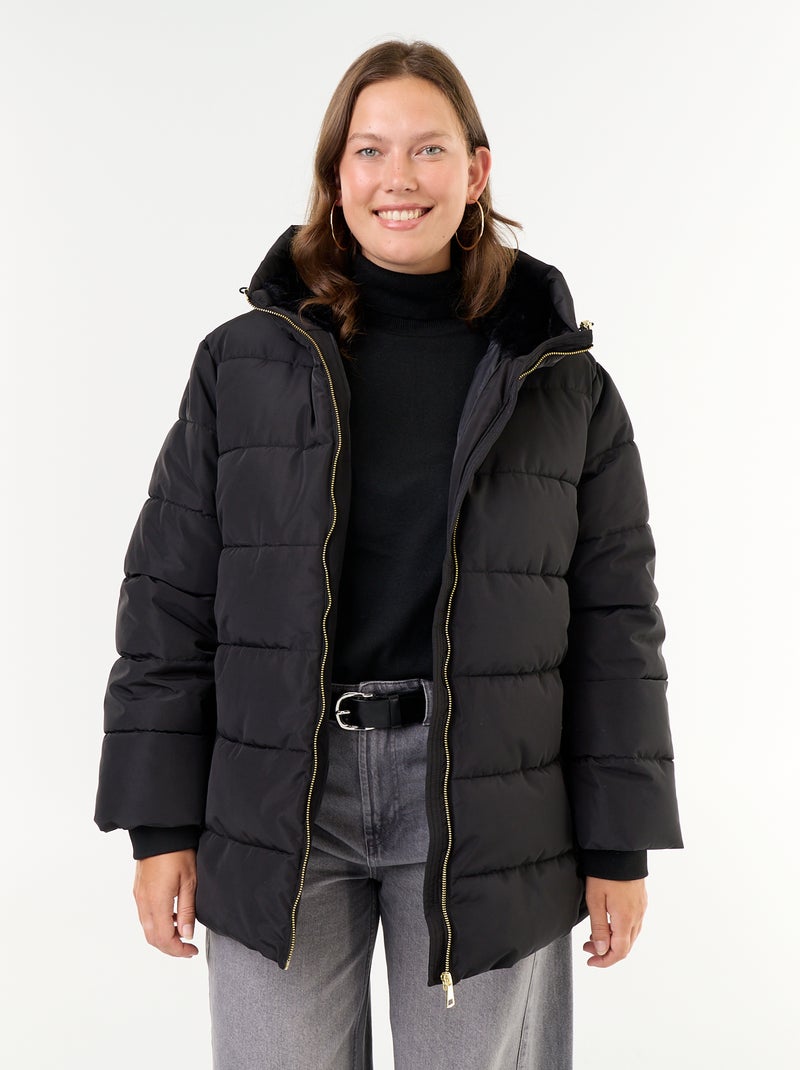 Parka con capucha y forro de pelo sintético Negro - Kiabi