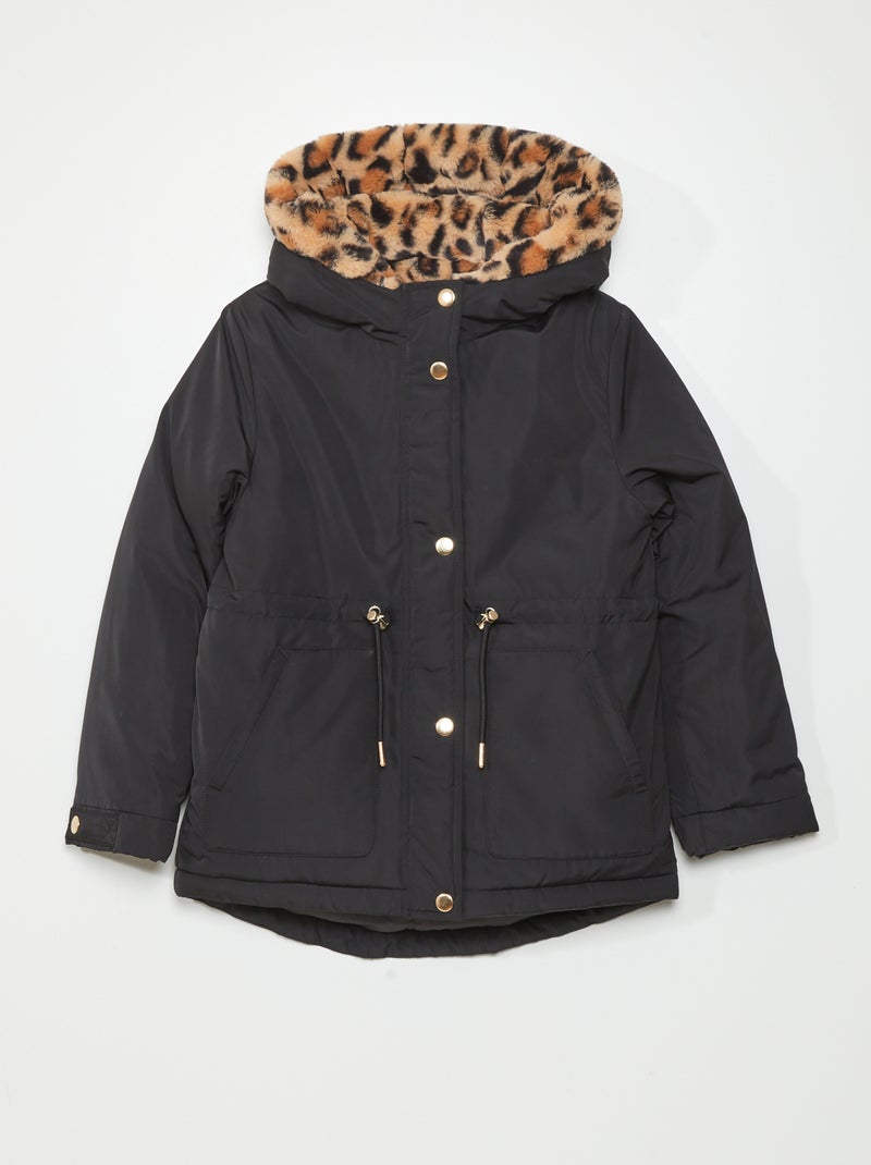 Parka con forro y capucha de pelo negro - Kiabi