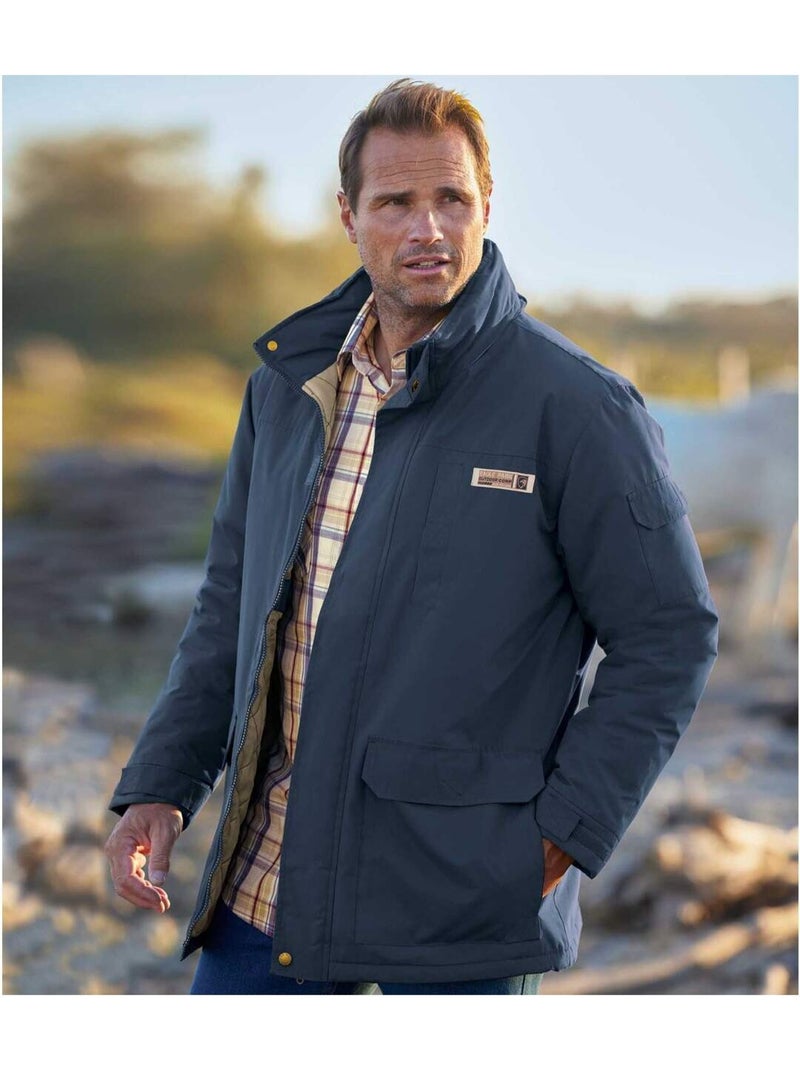 Parka de microfibra multibolsillos con capucha integrada y cuello alto Azul marino - Kiabi