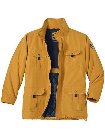 Parka multibolsillos de microfibra con cuello alto y capucha integrada
