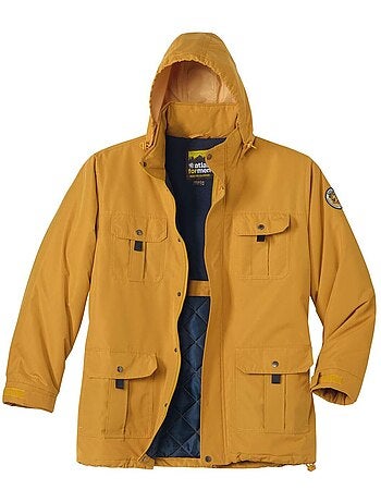 Parka multibolsillos de microfibra con cuello alto y capucha integrada