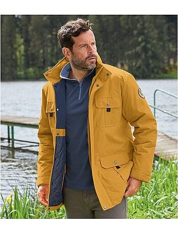 Parka multibolsillos de microfibra con cuello alto y capucha integrada