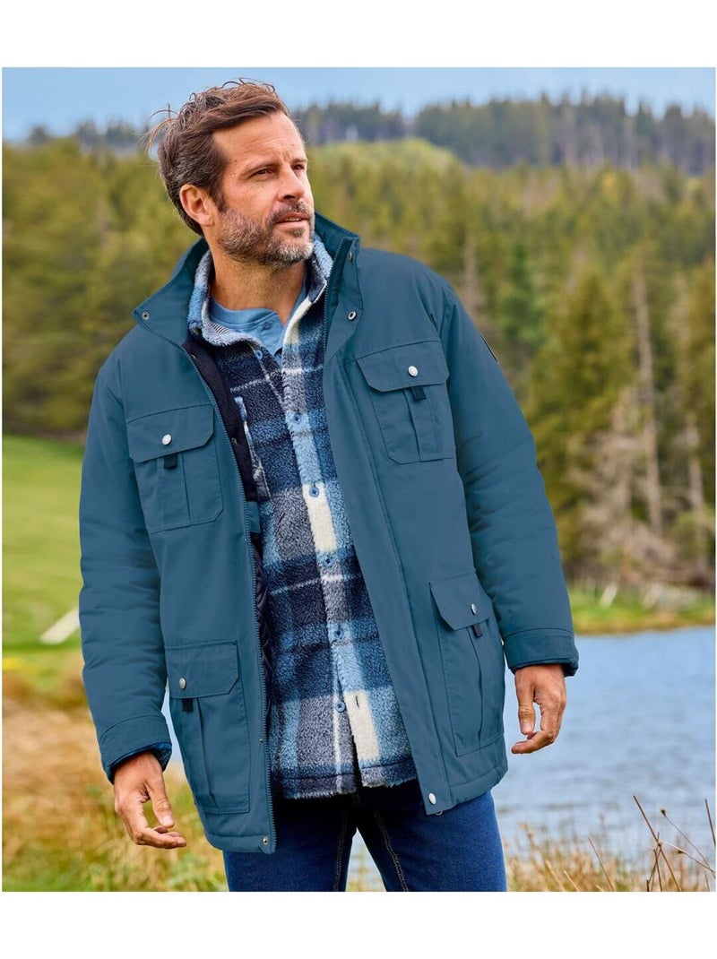 Parka multibolsillos forrada de micropolar con capucha integrada y cuello alto Azul - Kiabi