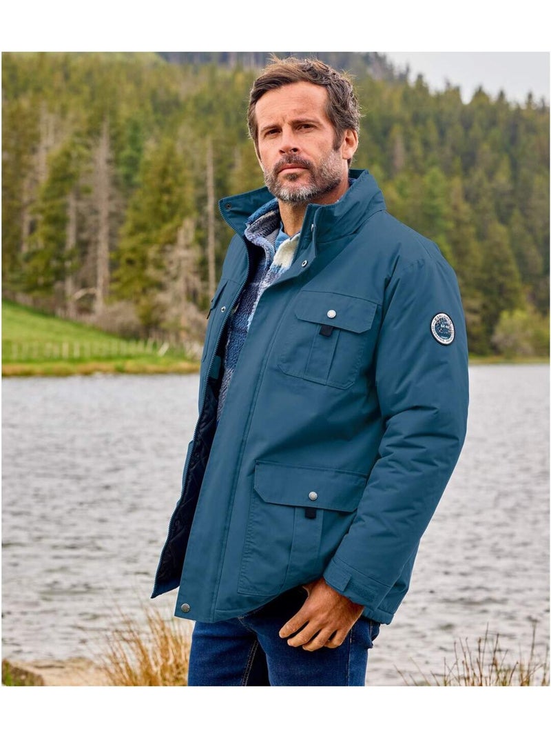 Parka multibolsillos forrada de micropolar con capucha integrada y cuello alto Azul - Kiabi