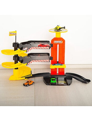 Parking de coches 3 niveles con helicóptero y coches metálicos teamsterz
