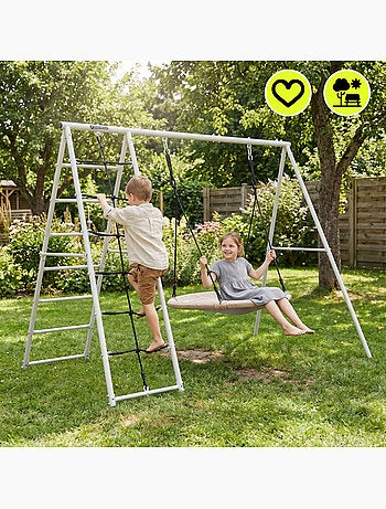 Parque de juegos de jardín xl hypermotion - nido de cigüeña 100 cm y red de escalada 180 kg