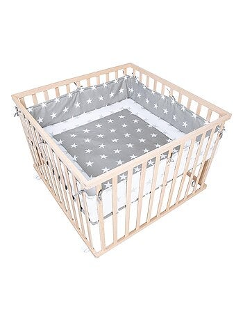 Parque infantil en madera maciza ajustable + alfombra cuadrada con estrellas 'little stars' - ROBA