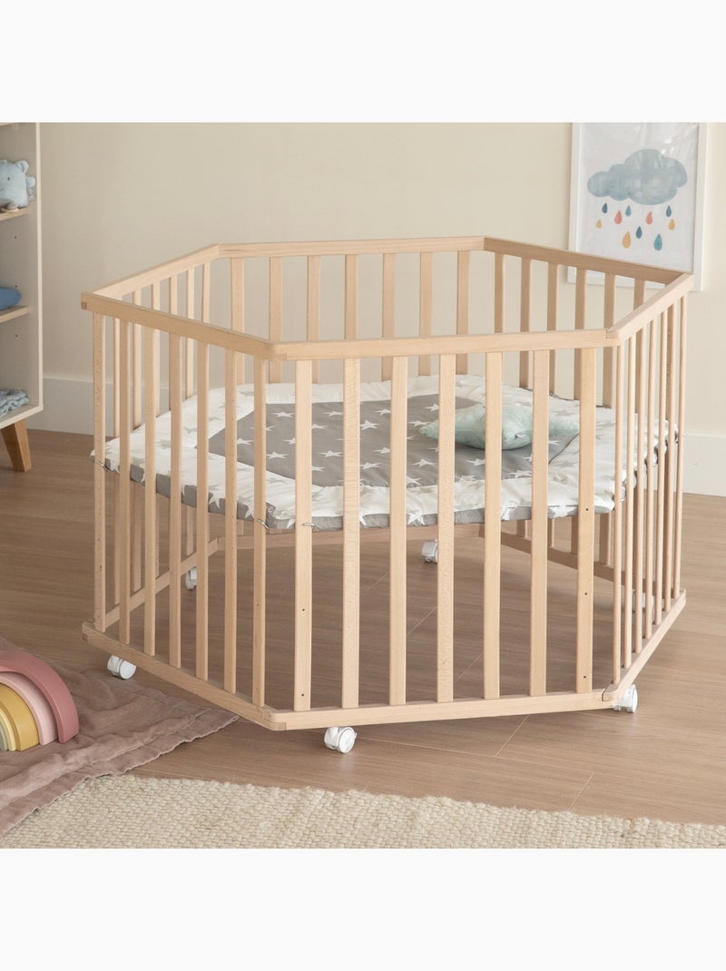 Parque infantil hexagonal minimalista en madera natural Little Stars Roba Beige - Kiabi