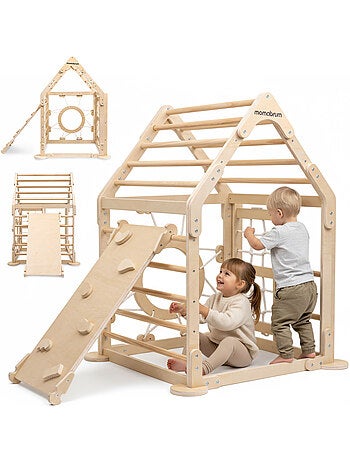 Parque infantil interior de madera casa con tobogán y red de escalada – mamabrum