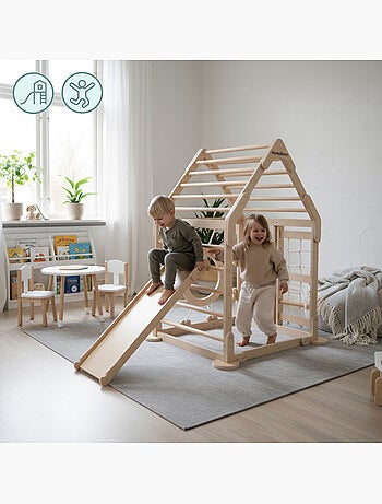 Parque infantil interior de madera casa con tobogán y red de escalada – mamabrum