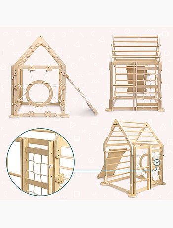 Parque infantil interior de madera casa con tobogán y red de escalada – mamabrum