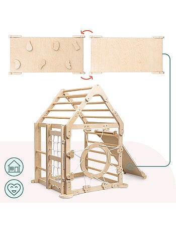 Parque infantil interior de madera casa con tobogán y red de escalada – mamabrum