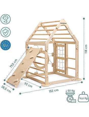 Parque infantil interior de madera casa con tobogán y red de escalada – mamabrum