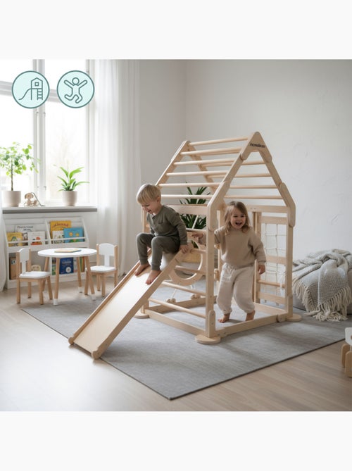 Parque infantil interior de madera casa con tobogán y red de escalada – Mamabrum - Kiabi
