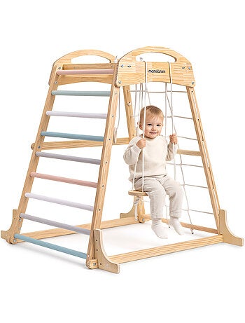 Parque infantil interior de madera con columpio, anillas gimnasia y red – Mamabrum