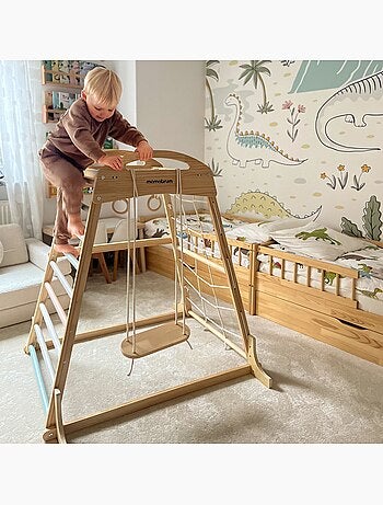 Parque infantil interior de madera con columpio, anillas gimnasia y red – Mamabrum