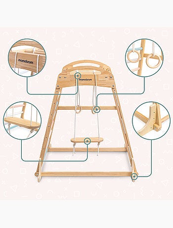 Parque infantil interior de madera con columpio, anillas gimnasia y red – Mamabrum