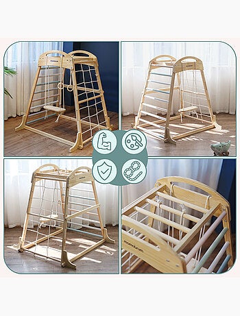 Parque infantil interior de madera con columpio, anillas gimnasia y red – Mamabrum
