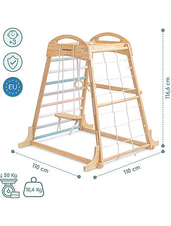 Parque infantil interior de madera con columpio, anillas gimnasia y red – Mamabrum