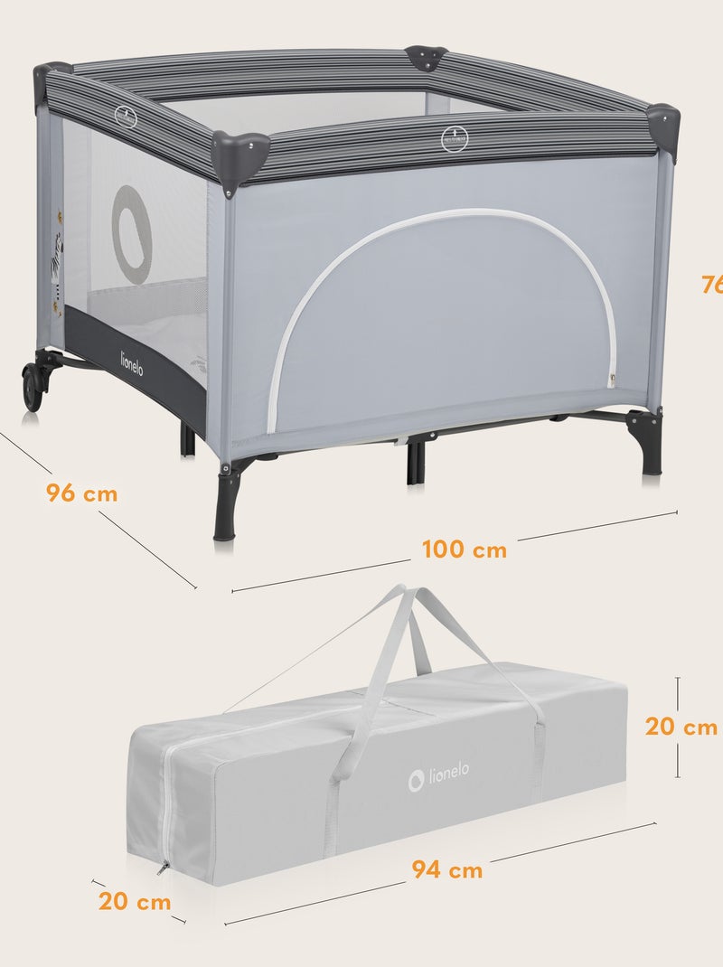 Parque infantil LIONELO Bonnie - 100x96 cm - Colchón cómodo - Ruedas - Bolsa de transporte Gris gris - Kiabi