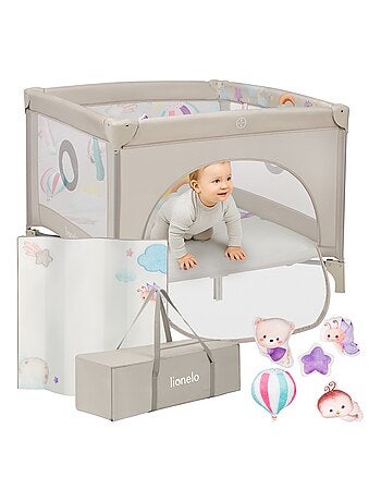 Parque infantil LIONELO Mille 100x100cm - Colchón de alta densidad - Ruedas - Juguetes con velcro -