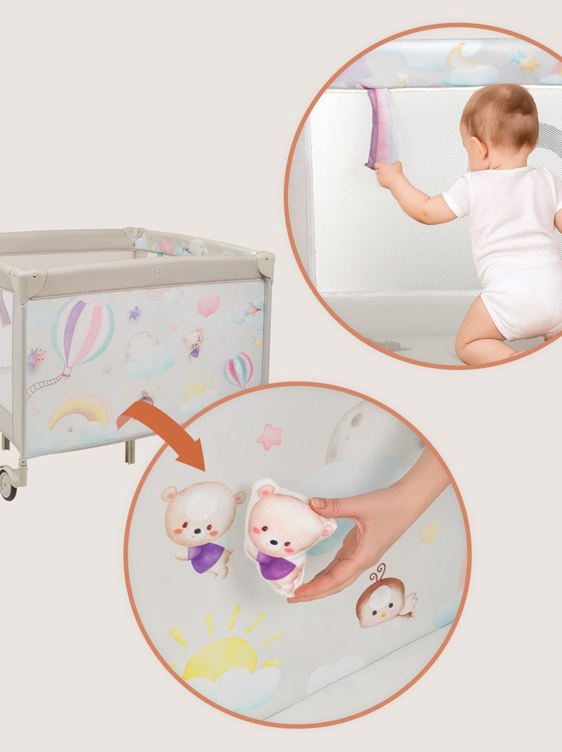 Parque infantil LIONELO Mille 100x100cm - Colchón de alta densidad - Ruedas - Juguetes con velcro - Beige - Kiabi