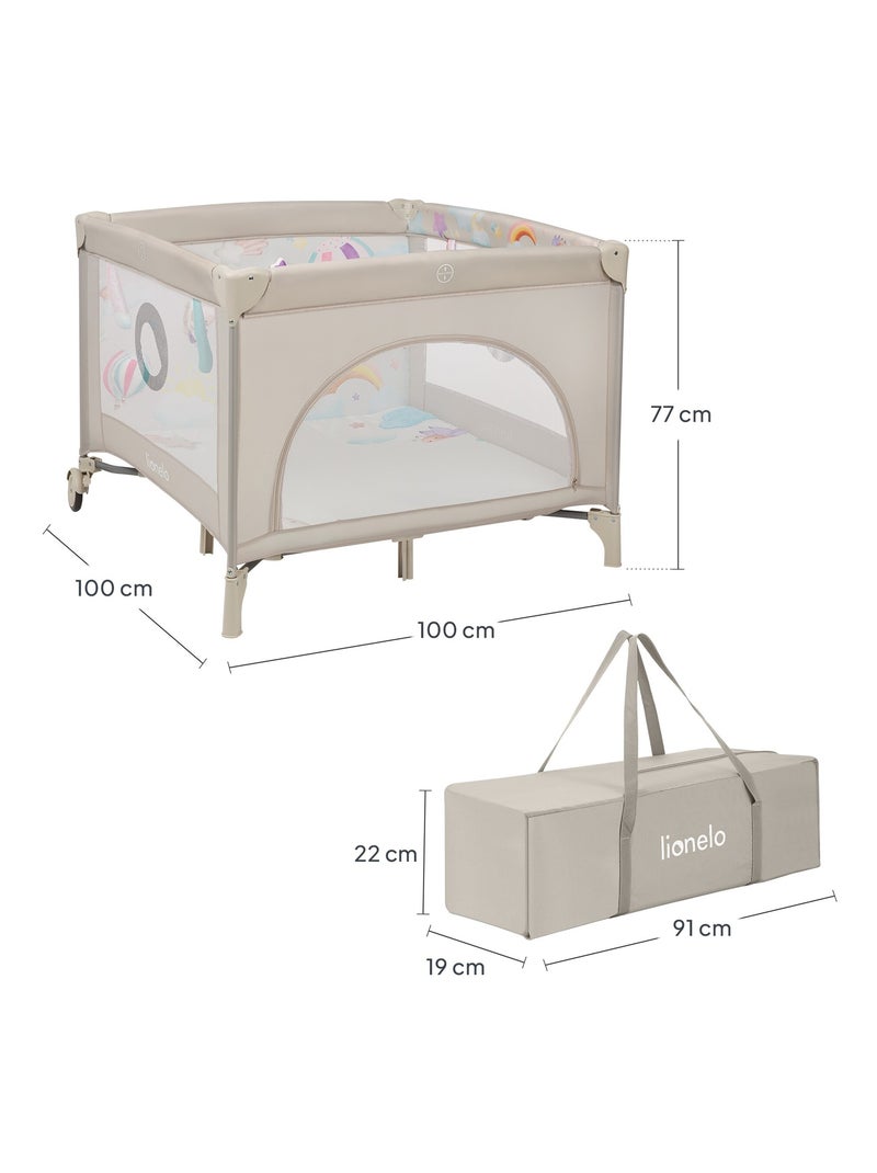 Parque infantil LIONELO Mille 100x100cm - Colchón de alta densidad - Ruedas - Juguetes con velcro - Beige - Kiabi