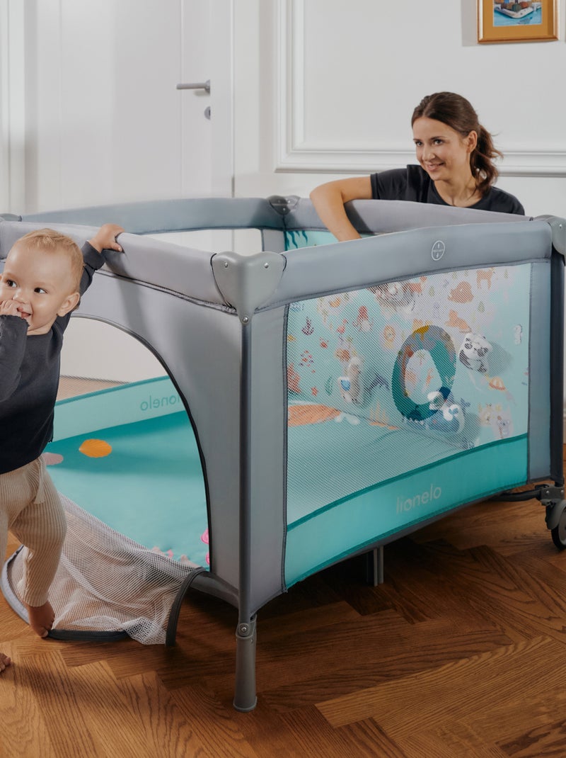 Parque infantil LIONELO Mille 100x100cm - Colchón de alta densidad - Ruedas - Juguetes con velcro - Gris - Kiabi