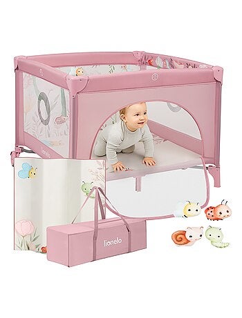 Parque infantil LIONELO Mille 100x100cm - Colchón de alta densidad - Ruedas - Juguetes con velcro -