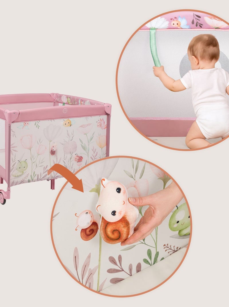 Parque infantil LIONELO Mille 100x100cm - Colchón de alta densidad - Ruedas - Juguetes con velcro - Rosa - Kiabi