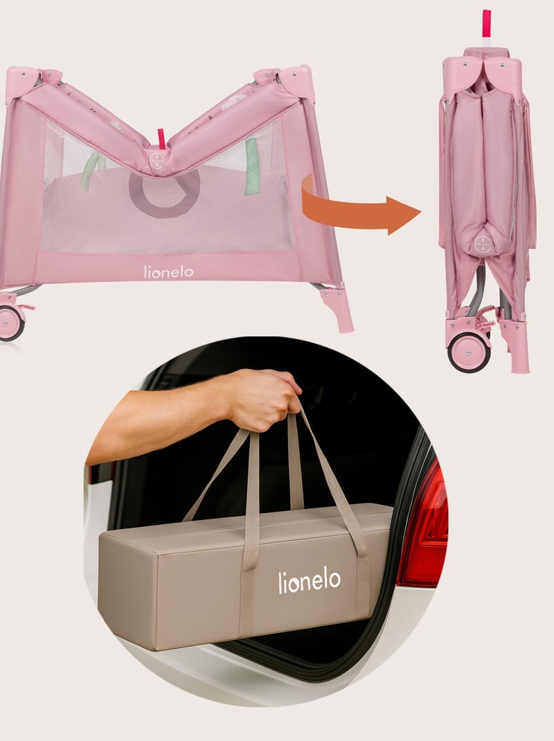 Parque infantil LIONELO Mille 100x100cm - Colchón de alta densidad - Ruedas - Juguetes con velcro - Rosa - Kiabi