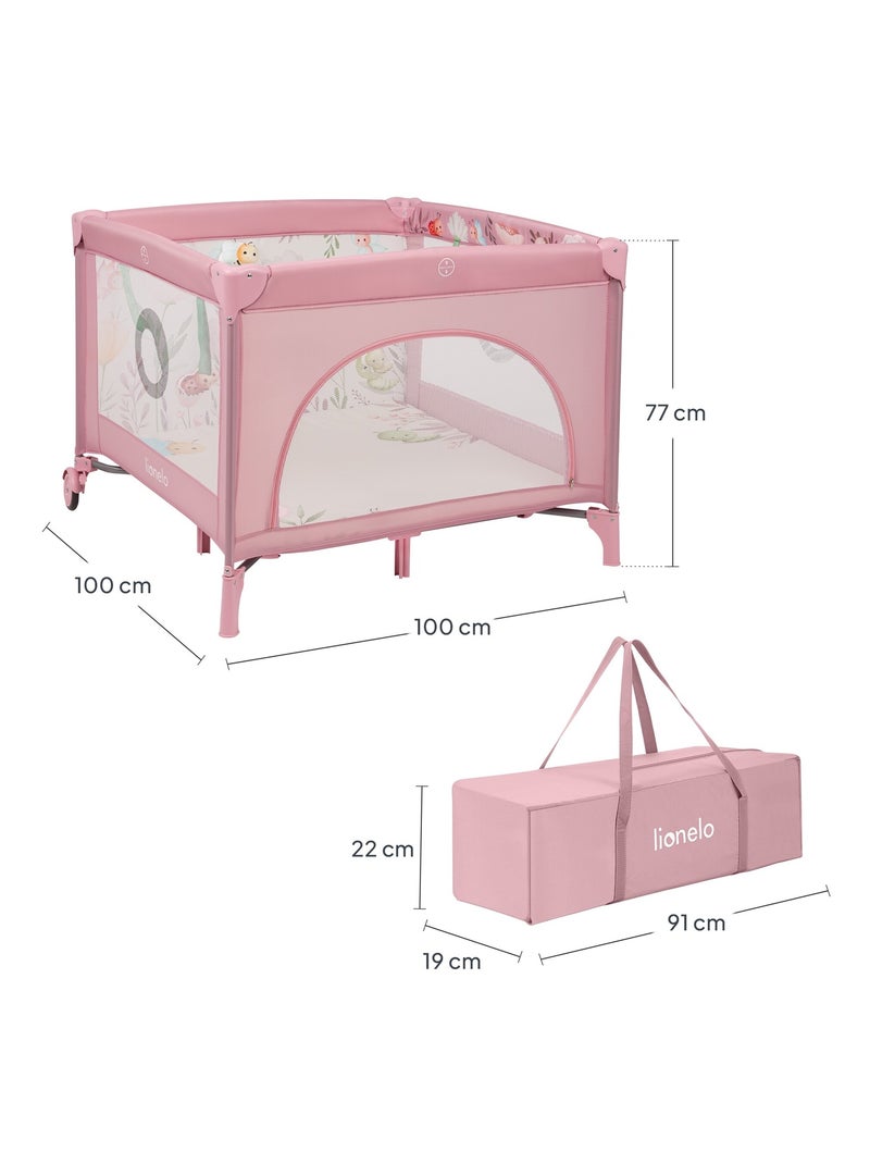 Parque infantil LIONELO Mille 100x100cm - Colchón de alta densidad - Ruedas - Juguetes con velcro - Rosa - Kiabi